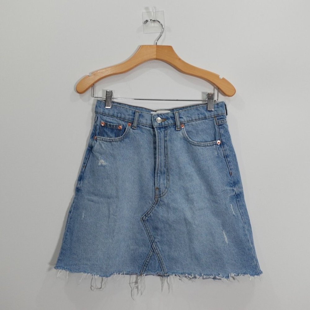 Zara Skirt‎ Size Small Denim Jean Short Mini A Line Zip Fly Raw Retro Blue Y2K